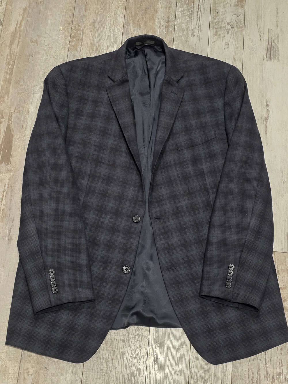 44R Men's Calvin Klein Blazer Modern Tartan Plaid Gray 100% Wool Sport Coat